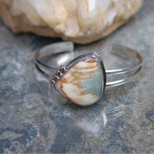 925 Sterling Silver Polychrome Jasper Bracelet Cuff Size 7
